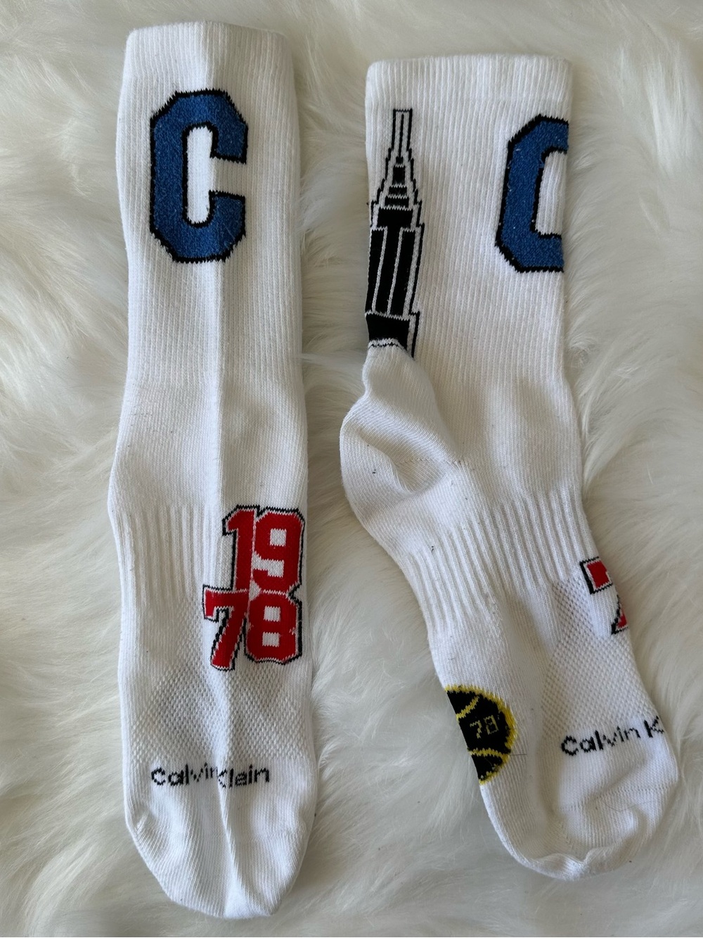 Calvin Klein Rare White Crew Socks with Blue 'C’ & ‘1978’ Skyscraper Graphics